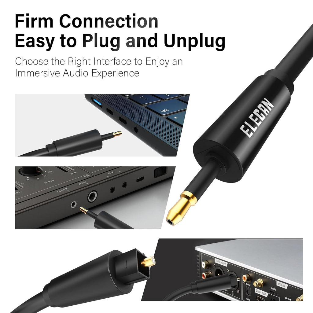 Elecan Mini Toslink to Toslink Digital Optical S/PDIF Audio Cable 4 Ft, Gold Plated Soft Flexible Fiber Optic Cable,Signal Protection PVC,Surround Sound for Soundbar,Home Theater,Hi-Fi System+Ties MI