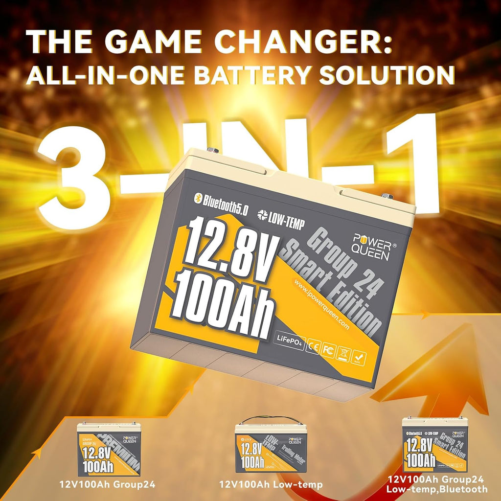 Power Queen Bluetooth 12V 100Ah LiFePO4 Battery, Group 24 Deep Cycle Battery Max. Output Power 1280W, 100A BMS with Low-Temp Cut-off Protection for RV, Trolling Motors, Solar System