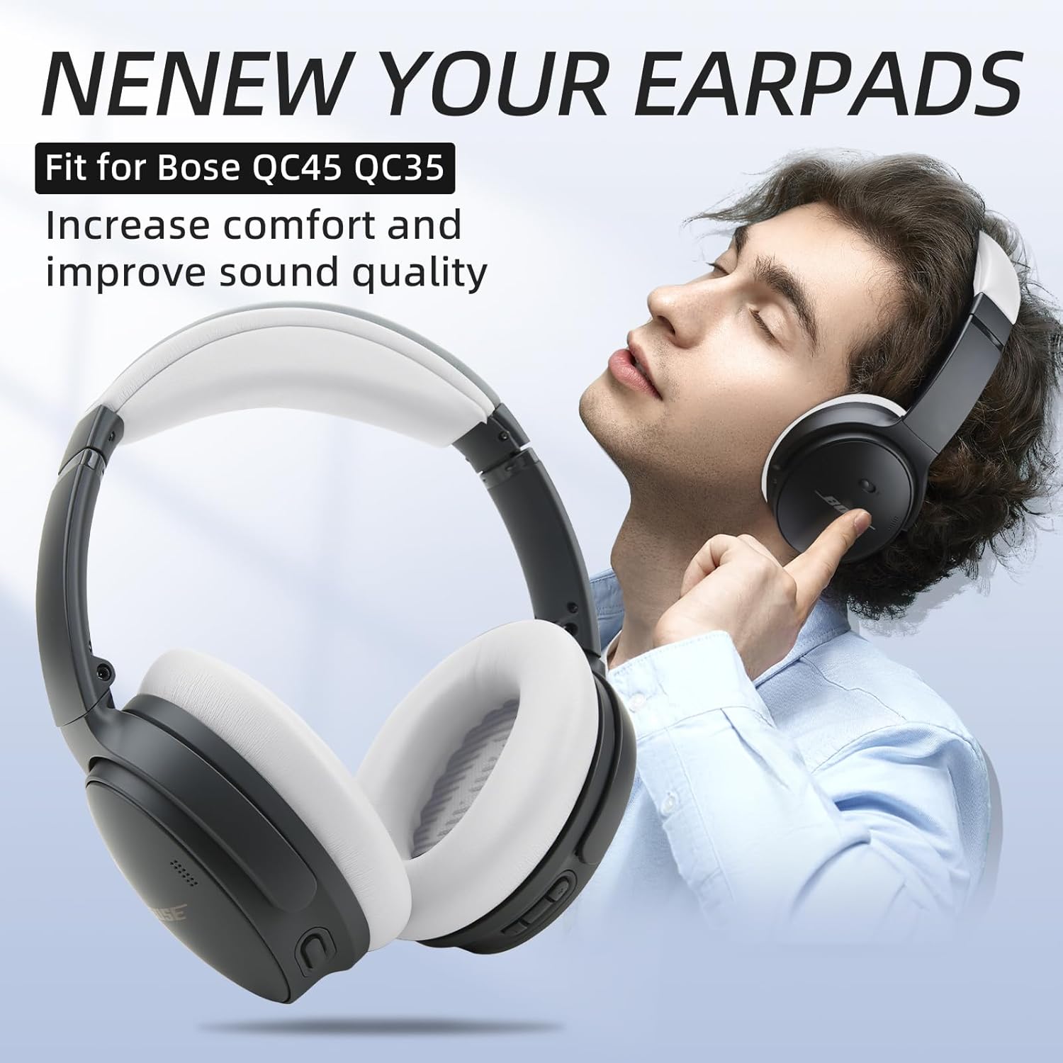 Ear Cushion and Headband for Bose QC45 QC35, Replacement Headstrap Pad Repair Part with Protein Leather& Memory Foam (White)