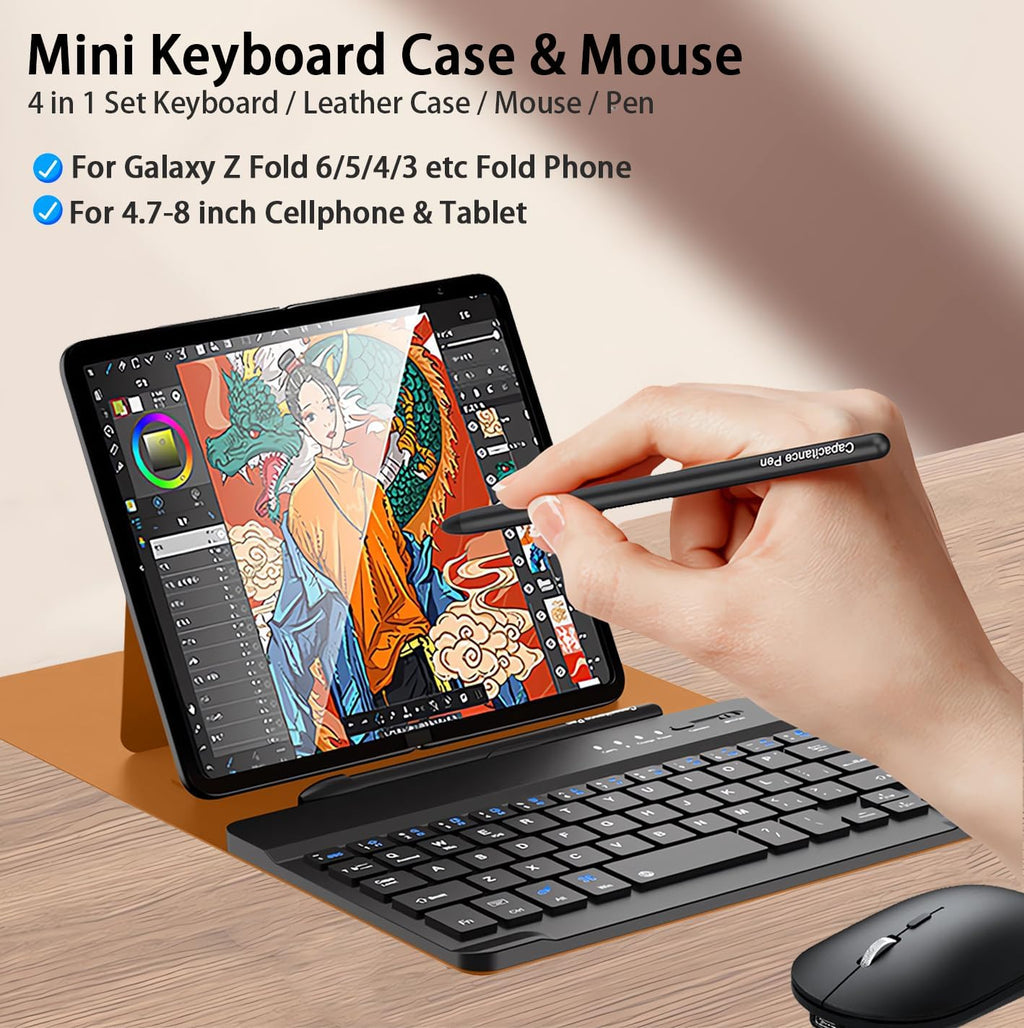 for Samsung Galaxy Z Fold 7 6 5 Keyboard and Mouse, Portable Mini 7.9inch Bluetooth Keyboard with Leather Case and Capacitive Pen, 4 in 1 Set for Z Fold7 6 Accessories