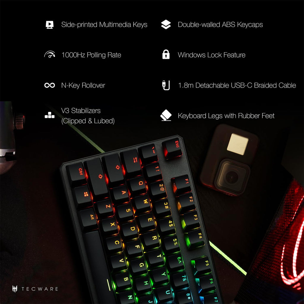 TECWARE Phantom+ 87 Key Mechanical Gaming Keyboard, RGB led, TKL 75% Keyboard, Thocky Sounding, Wraith Pink Switch