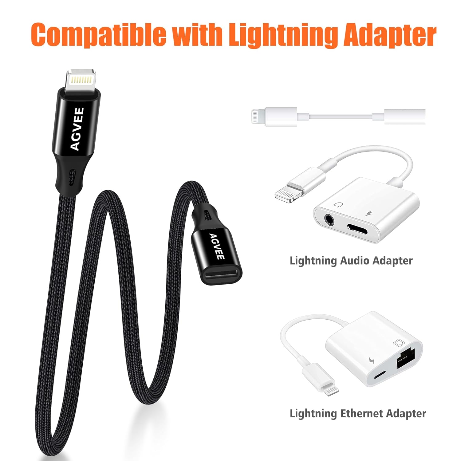 AGVEE 2 Pack 1ft Lightning Extension Cable, Braided Female to Male Extender Full Function Cord Compatible with iPhone iPad, Data Sync Video Audio & Charging Connector Adapter, Black