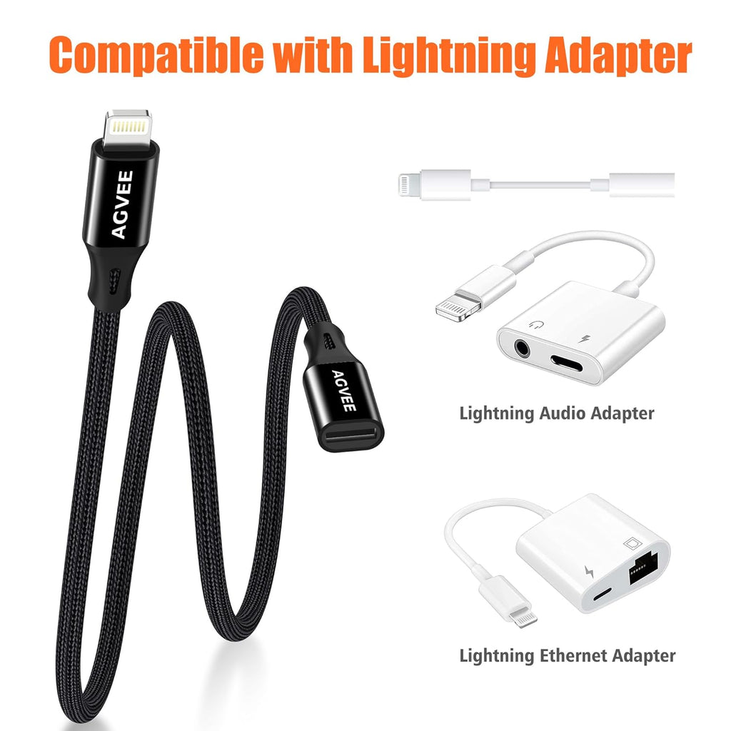 AGVEE [6.6ft Lightning Extension Cable Braided Female to Male Extender Cord for iPhone iPad Charger, Data Sync Video Audio & Charging Connector Adapter, Black