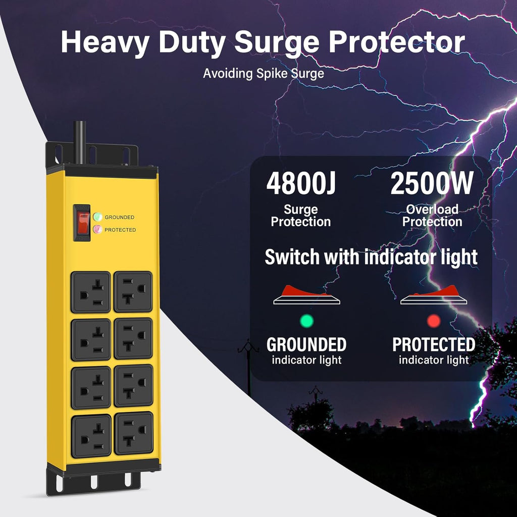 CCCEI Yellow Heavy Duty Power Strip Surge Protector 20 AMP, 8 Outlets 12 Gauge Industrial Shop Garage Metal Multiple Outlets, 6 FT Extension Cord 5-15P Adapter High Amp 6-20R T-Slot 20a for Appliance