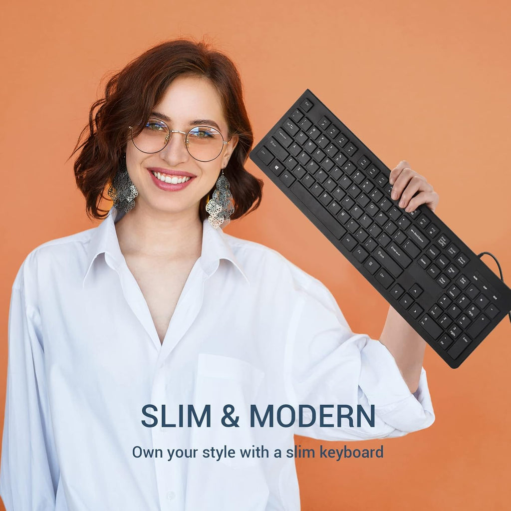 Computer Keyboard Wired, Plug Play USB Keyboard, Low Profile Chiclet Keys, Large Number Pad, Caps Indicators, Foldable Stands, Spill-Resistant, Anti-Wear Letters for PC Laptop (Black, 1-Pack)