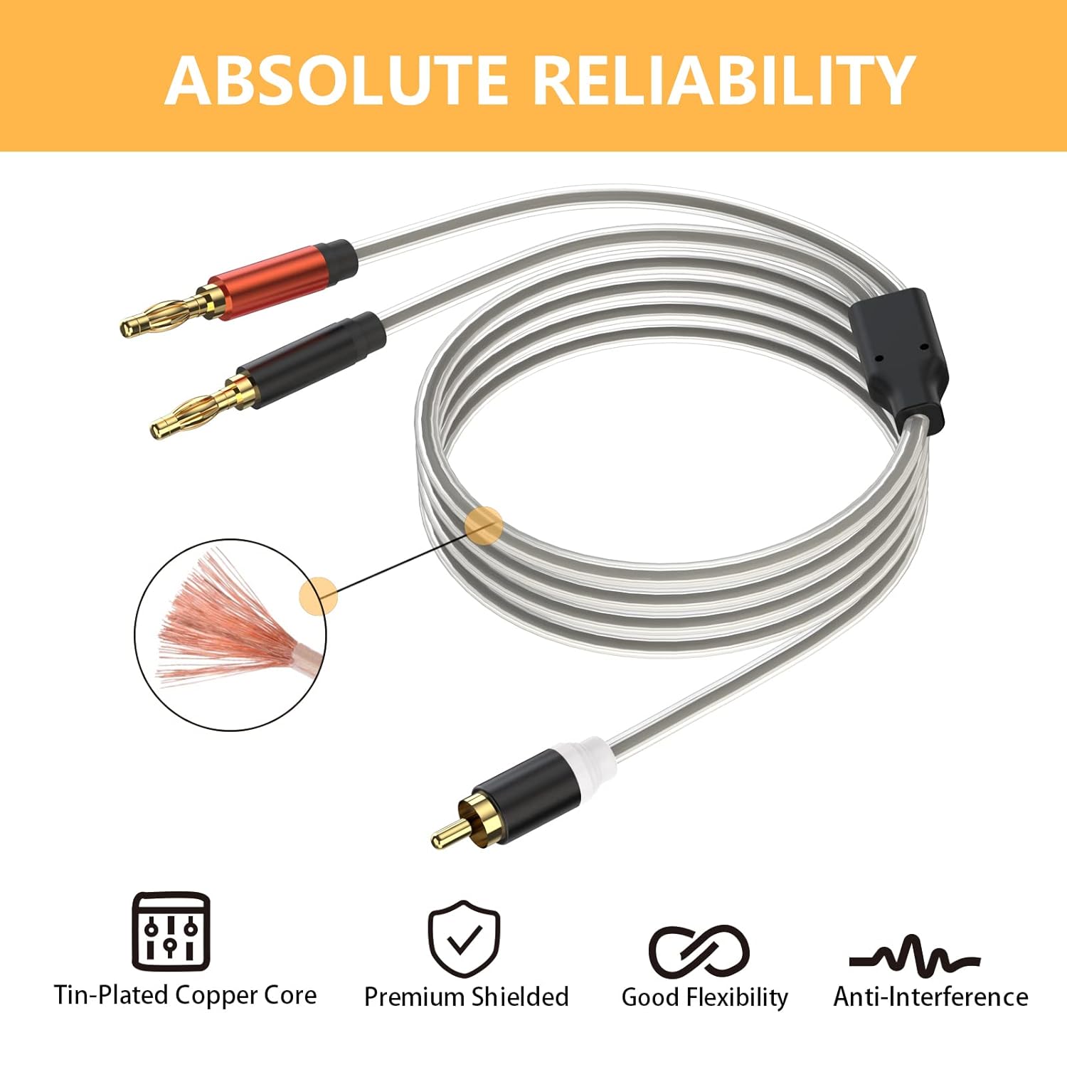 HOSONGIN RCA to Banana Plug Speaker Cable 10 Feet -2 Pack, Gold-Plated Dual-Shielding Hi-Fi Stereo Cable for Home Theater/Amplifier/Subwoofer/Speaker/Audio Receiver/Vinyl Record Player/SoundBar
