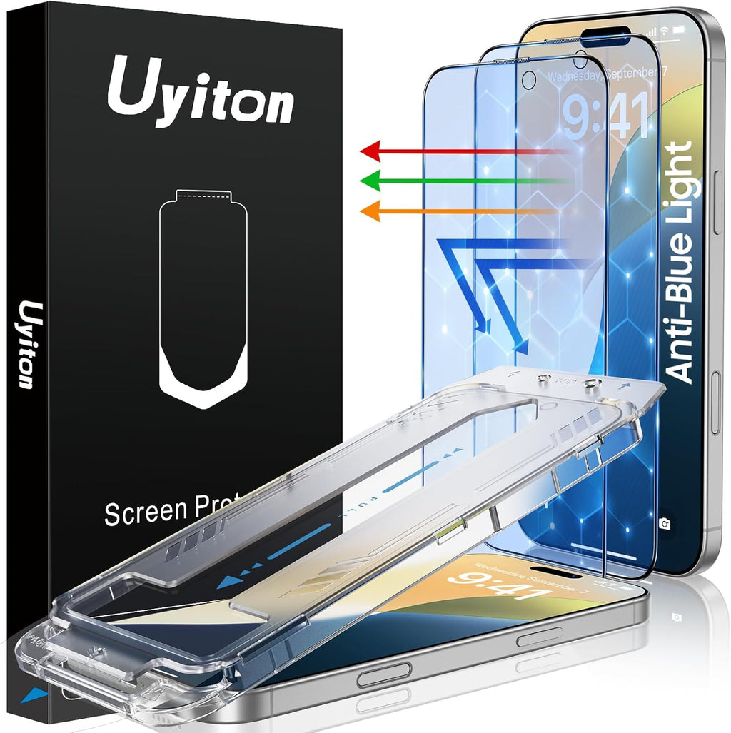 Uyiton Compatible with iPhone 16 Plus Screen Protector (Anti-Blue Light) - [Easy to Install] Shatterproof Full Coverage [Case Friendly] 9H Tempered Glass Screen Protector for iPhone 16 Plus, 2 Pack