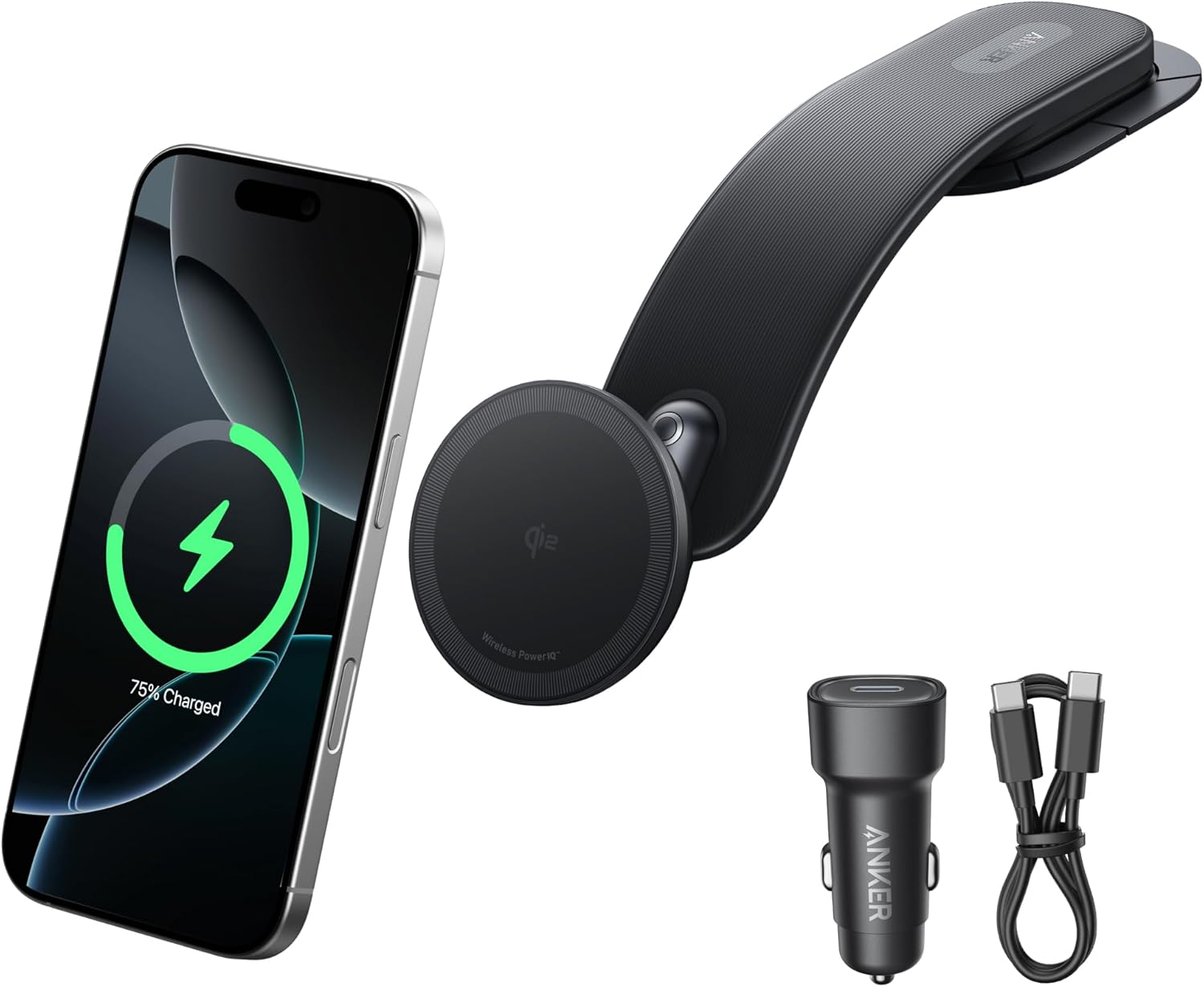 Anker Nano Magnetic Wireless Car Charger, 360° Adjustable Mount Car Charger with Detachable Pad, 15W Qi2 Certified with Alloy Bracket, Fast Charging for iPhone 16/15/14/13/12 Series (Adapter Included)