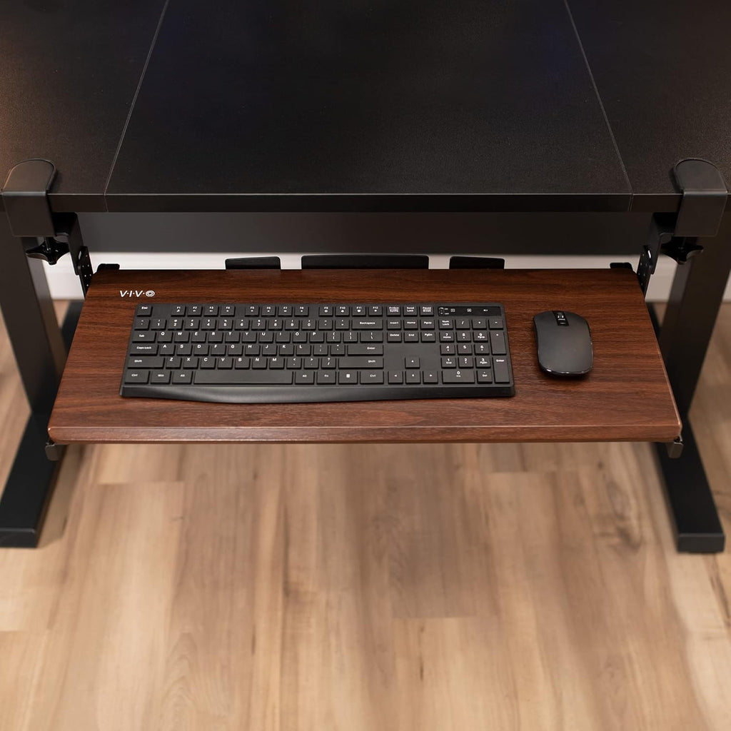 VIVO Large Height Adjustable Under Desk Keyboard Tray, C-clamp Mount System, 27 (33 Including Clamps) x 11 inch Slide-Out Platform Computer Drawer for Typing, Dark Walnut, MOUNT-KB05HD