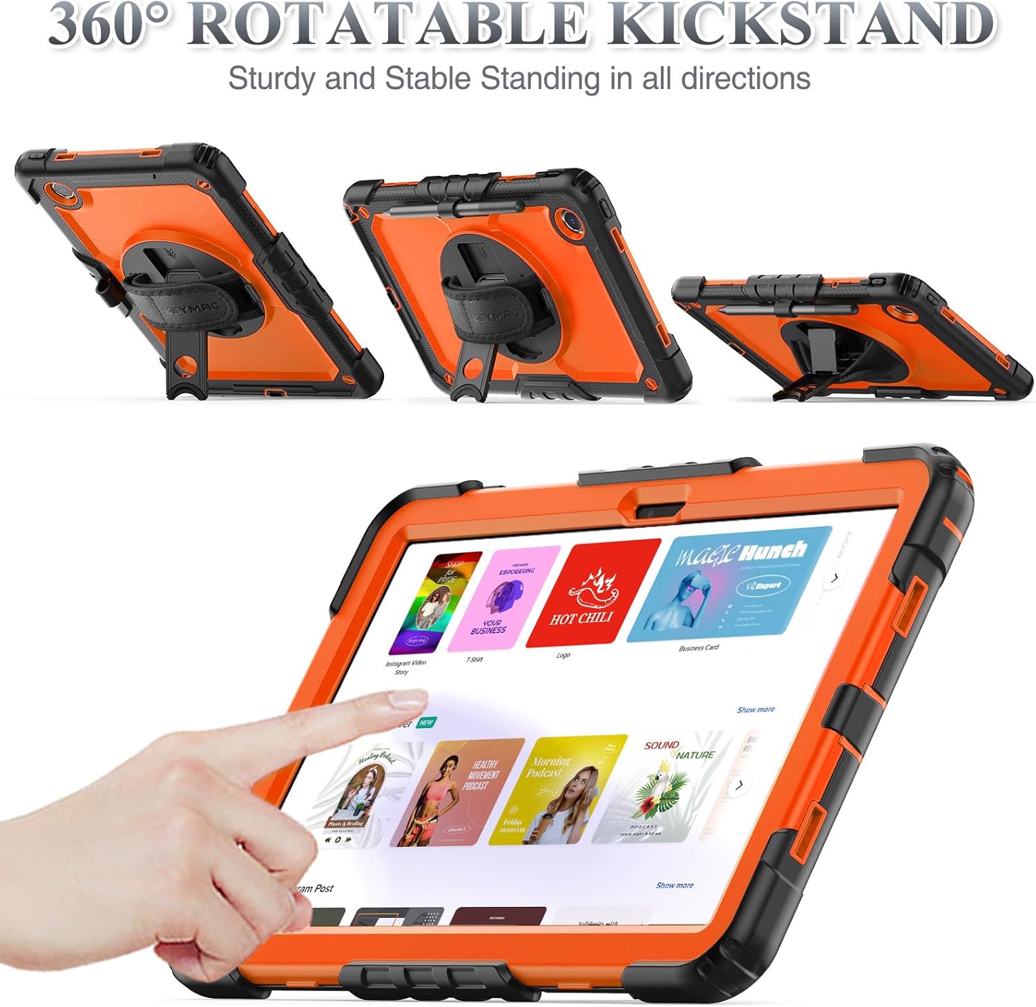 SEYMAC stock Tablet Case for Lenovo Tab M11 (TB-330FU/TB-330XU) 11 inch Drop-Proof Protection Cover with 360° Rotate Stand & Strap [Pen Holder] & Screen Protector/K11/Xiaoxin Pad 2024, Orange+Black