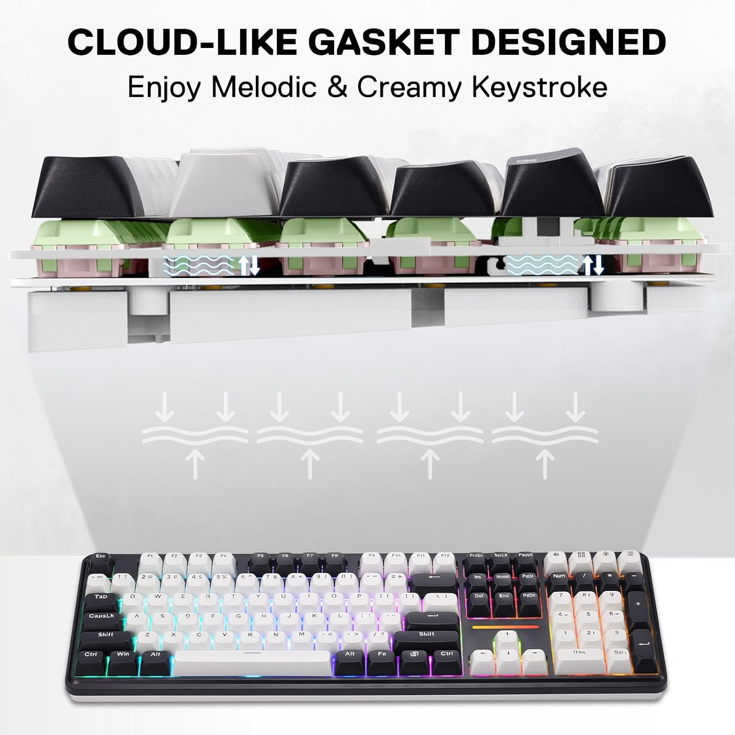 Redragon K745 PRO Wireless Gasket RGB Gaming Keyboard, 108 Keys Mechanical Keyboard w/Extra 4 Hotkeys, Hot-Swap South-Facing LED Socket, 5-Layer Noise Dampening, Round PBT Keycaps, Mint Mambo Switch