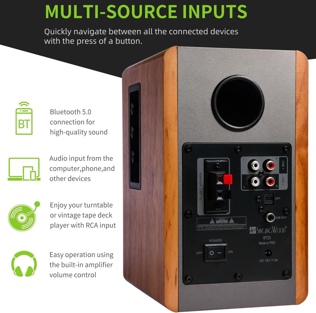 SINGING WOOD BT25 (2024 Version) Bluetooth Active Bookshelf Speakers for with Optical Aux inputs Subwoofer Line Out for PC, TVs, Turntable, Wooden Enclosure,80W - Beach Wood