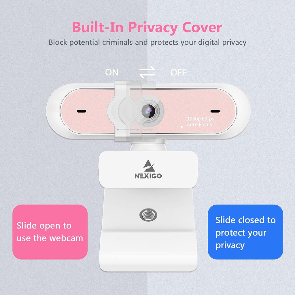 NexiGo N660P 1080P 60FPS Webcam with Software Control, Dual Microphone & Cover, Autofocus, HD USB Computer Web Camera, for OBS/Zoom/Skype/FaceTime/Teams/Twitch, Pink