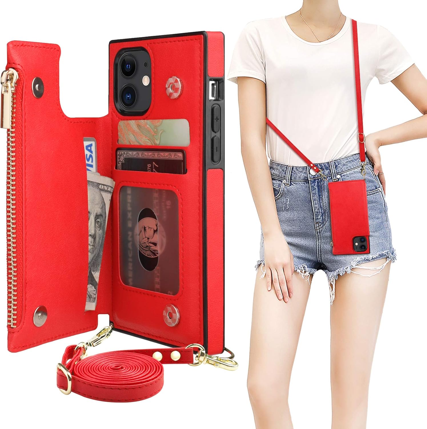 Bocasal Crossbody Wallet Case for iPhone 11 with Card Holder,Zipper Card Slot Protector Shockproof Purse Cover with Removable Cross Body Strap 6.1 Inch(Red)
