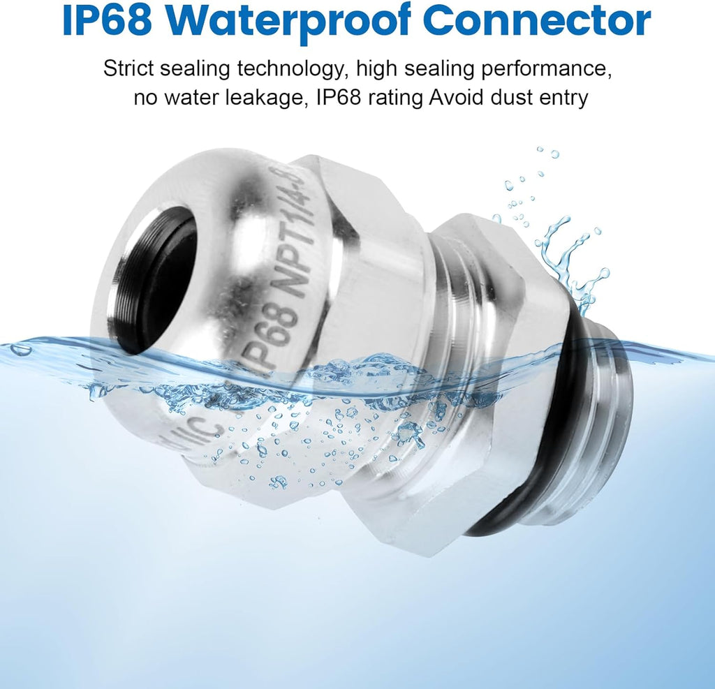 2 Pcs 1/4" NPT Stainless Steel Waterproof Cable Gland, IP68 Waterproof Adjustable Cable Glands, Strain Relief Cord Grip Connectors with Gaskets and Locknut for 4-8mm Cable Diameter