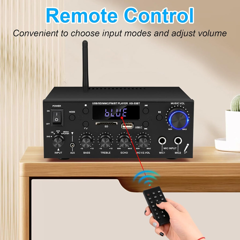 Romica Stereo Audio Amplifier, 2 Channel 500W Bluetooth 5.0 Home Theater Power Amplifier with FM, Echo, AUX, USB, SD, MIC Inputs, HiFi AMP for Passive Speakers and Active subwoofer
