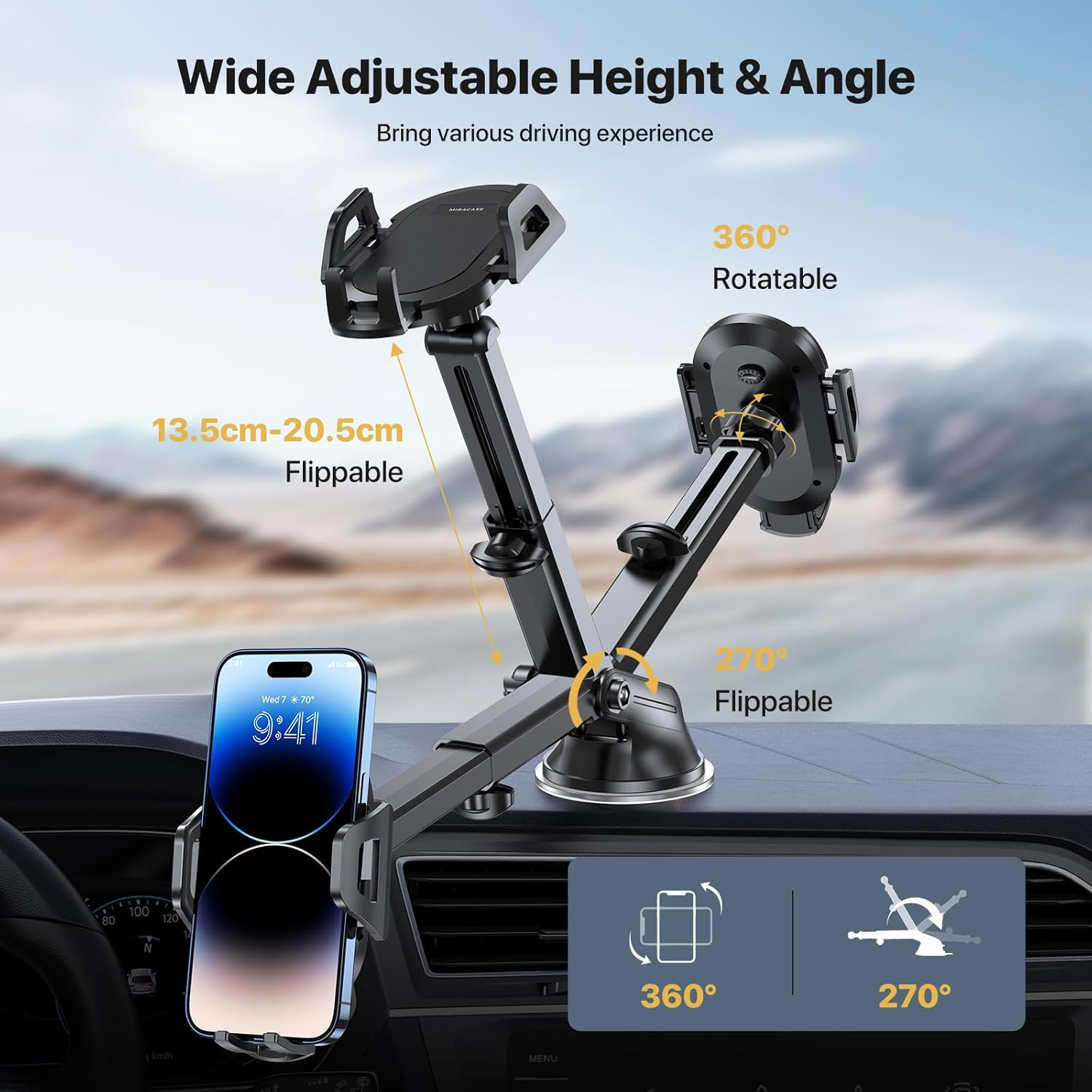 Miracase Phone Holders for Your Car, [Thick Case & Heavy Phone Friendly] Universal Cell Phone Car Mount, 3-in-1 Phone Mount for Car Dashboard Windshield Air Vent Fit for All Smartphones, Grey