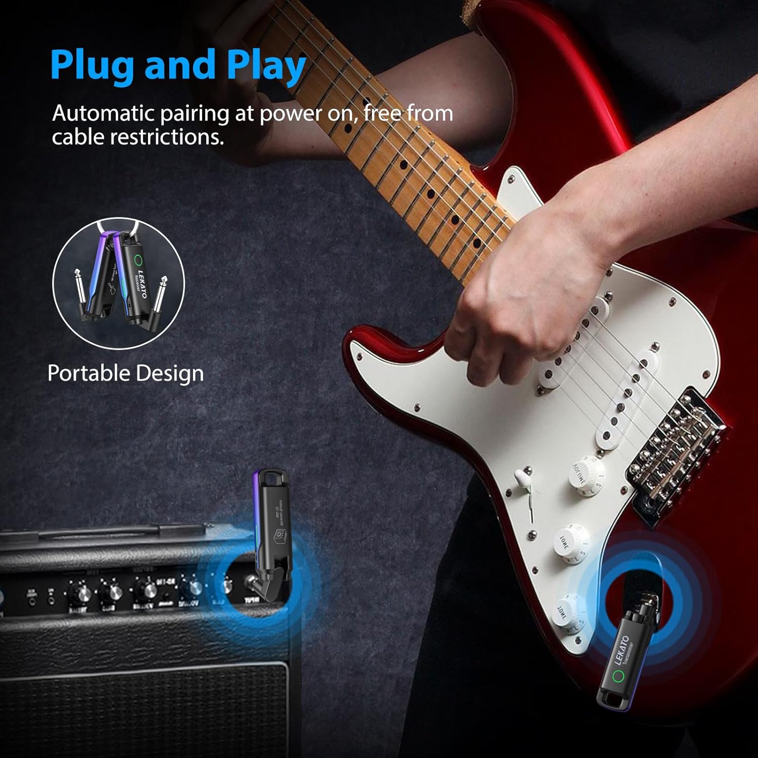 LEKATO Wireless Guitar System UHF Wireless Guitar Transmitter Receiver Rechargeable Audio Wireless Guitar Transmitter and Receiver with 70 Channels Wireless for Guitar Bass Electric Instruments (Blue)
