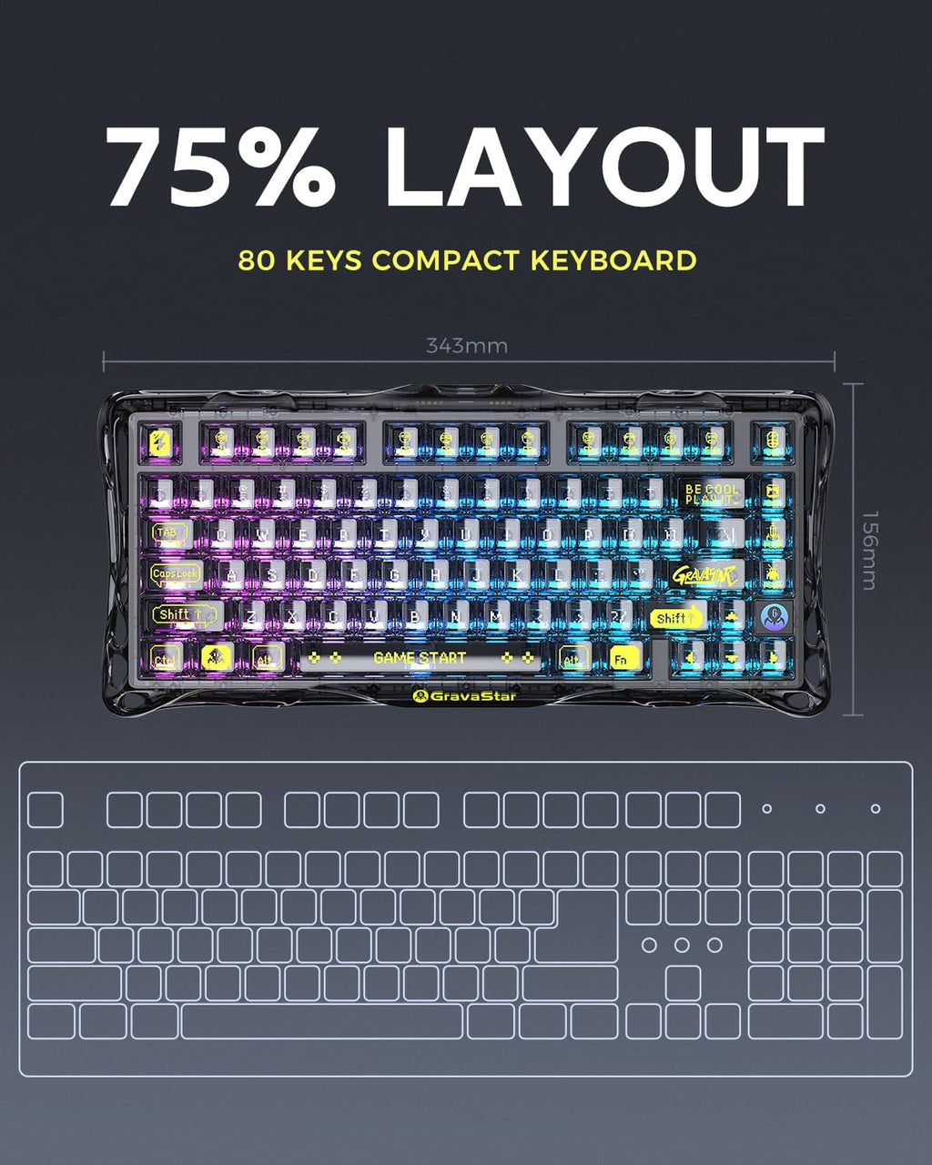 GravaStar Mercury K1 Lite 75% Gaming Keyboard, 2.4GHz/BT/Wired Tri-Mode Wireless Keyboard, Gasket Hot Swappable Mechanical Keyboard, Pre-lubed Linear Switches, RGB Backlit - Transparent Black