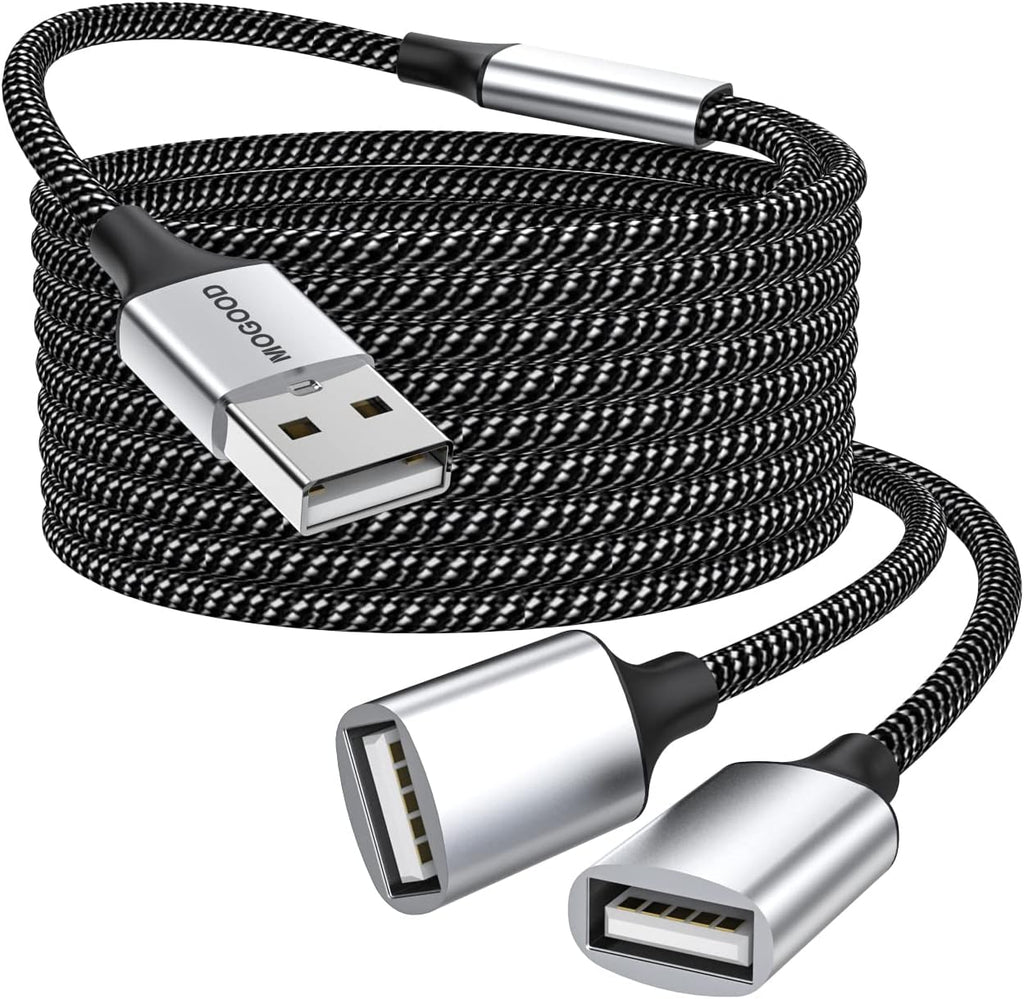 Durable USB A Male to 2 Female Extension Cord - Nylon Braided Splitter Cable for Printer, Keyboard, Flash Drive, Hard Drive, PlayStation