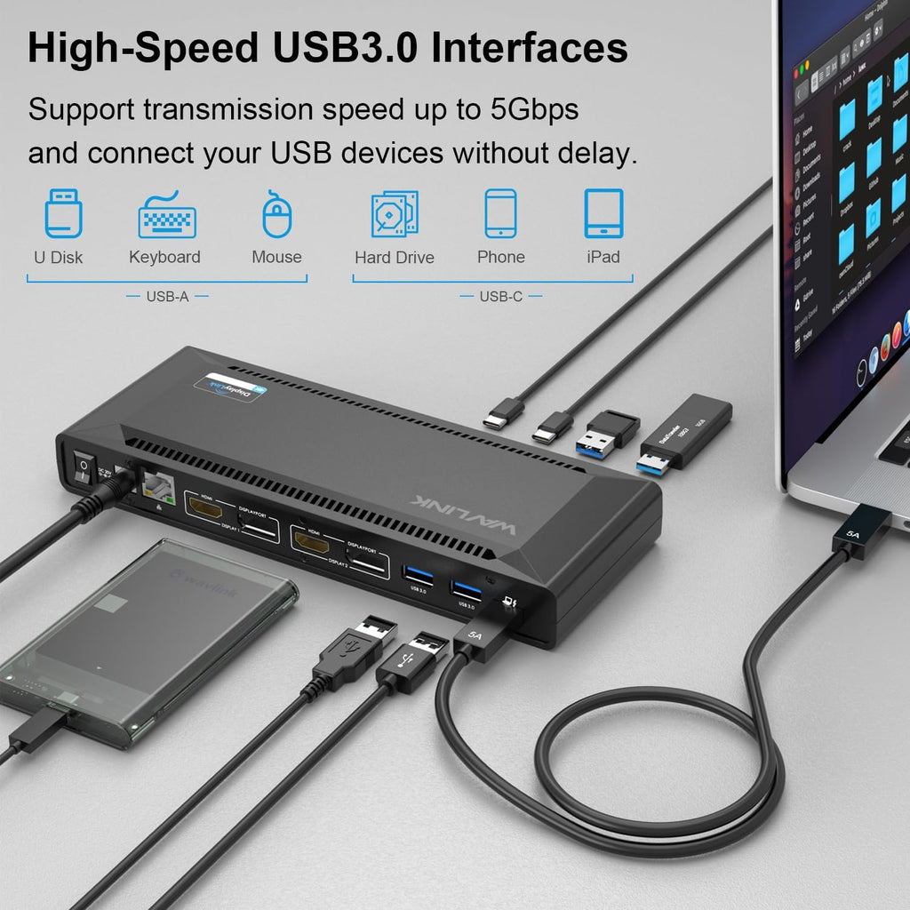 WAVLINK DisplayLink Laptop Docking Station Dual 4K@60Hz(2 HDMI+2DP), 100W PD Charging Compatible with Thunderbolt 4/3, USB-C/A - M1 M2 M3 M4 Mac, Windows, Chrome, 6 USB Ports, LAN - Driver Required