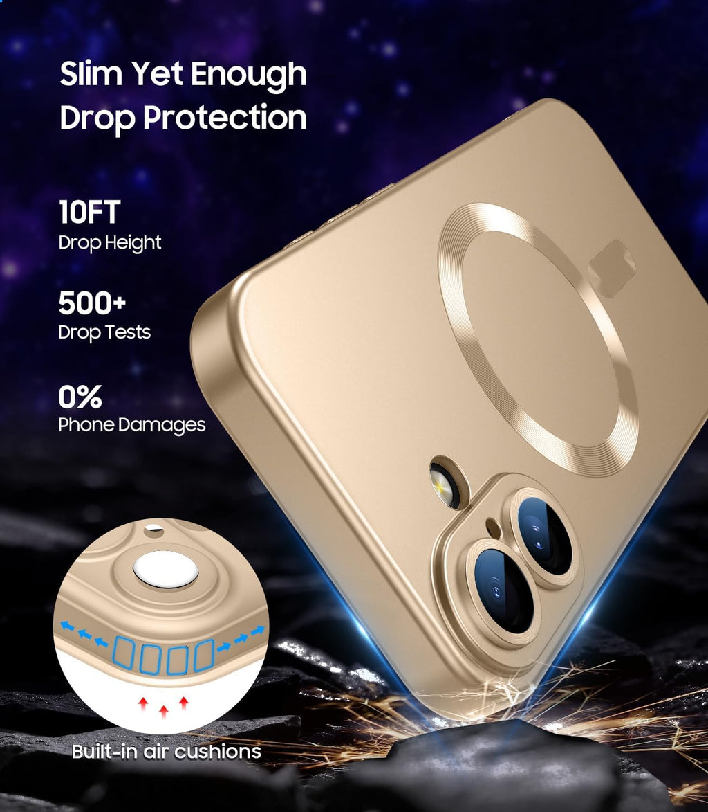 Magnetic for iPhone 16 Plus Case [Compatible with MagSafe][Built-in Camera Lens Protector] Slim Soft Silicone Bumper Shockproof Metallic Luster Phone Case (Gold)