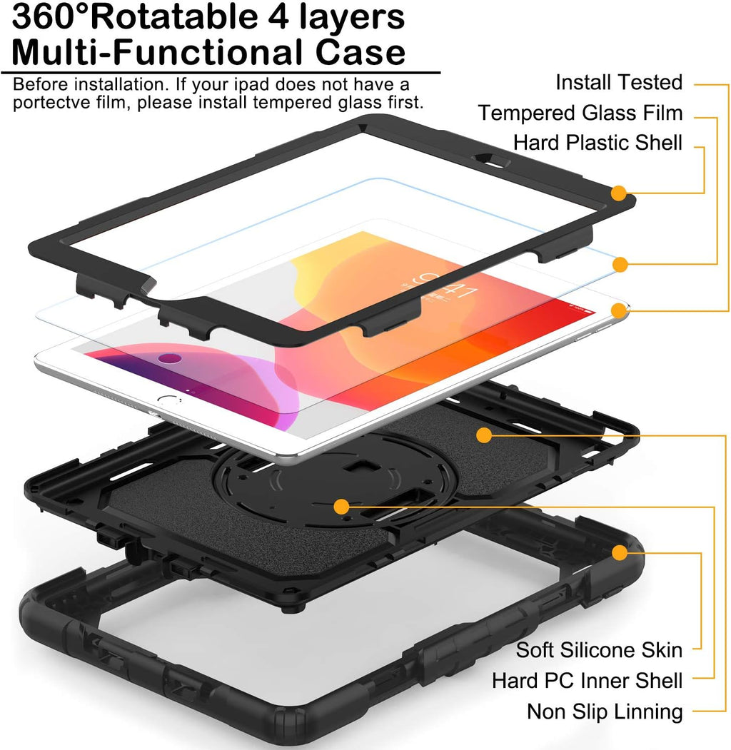 BLOSOMEET Case for iPad 9th/8th/7th Generation 2021/2020/2019 10.2 Inch with Tempered Glass Screen Protector & Pencil Holder,Protective Kids iPad 10.2 Case Cover w/Stand Hand Shoulder Strap,Black