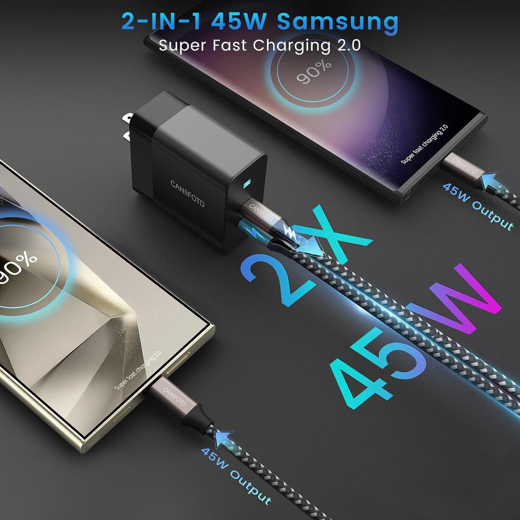 2Port 45W Super Fast Charger Type C, 2Pack 45W USB-C Charger Android Phone Charger Fast Charging for Samsung Galaxy S25 Ultra/S25+/S24/S24 Ultra/S23+/S22/S20/Note10+/Tab S9 with 2X 3.3ft Type C Cord