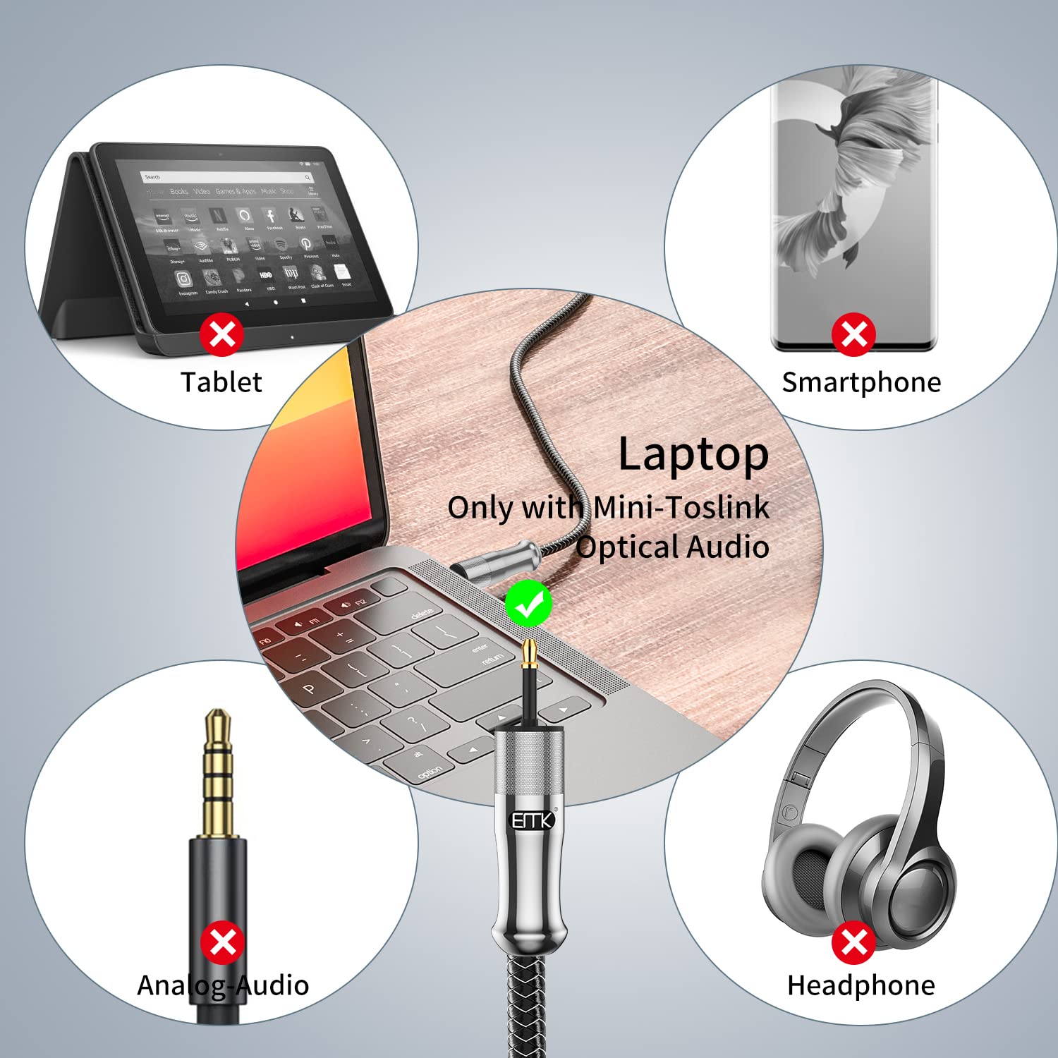 EMK 24K Gold-Plated Toslink to Mini Toslink Cable (30ft/10M) - Digital Optical Audio Cable with 3.5mm Mini Plug for Soundbar, Home Theater, TV - Silver SPDIF Fiber Optic Cable
