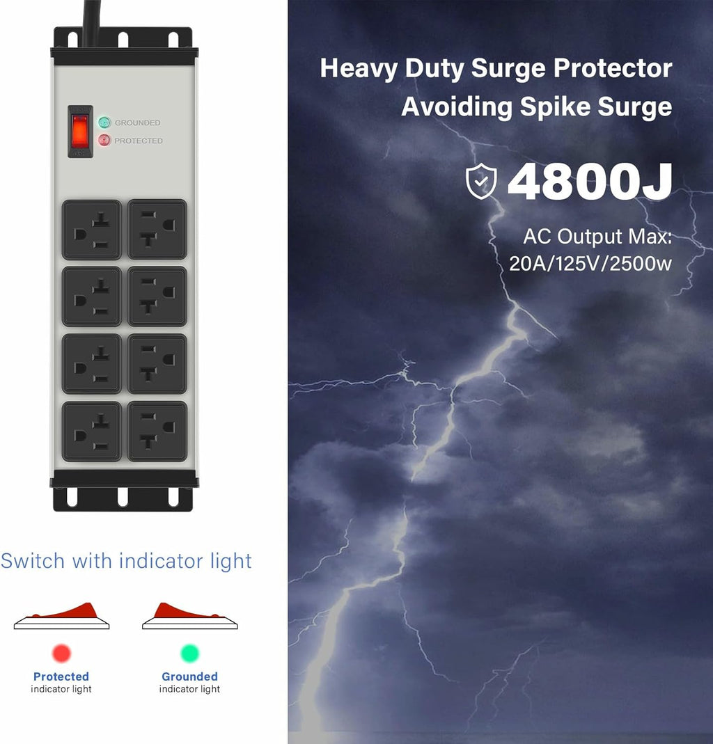 CCCEI Grey Heavy Duty Power Strip Surge Protector 20 AMP, 8 Outlets 12 Gauge Industrial Shop Garage Metal Multiple Outlets, 12 FT Extension Cord 5-15P Adapter High Amp 6-20R T-Slot 20a for Appliance