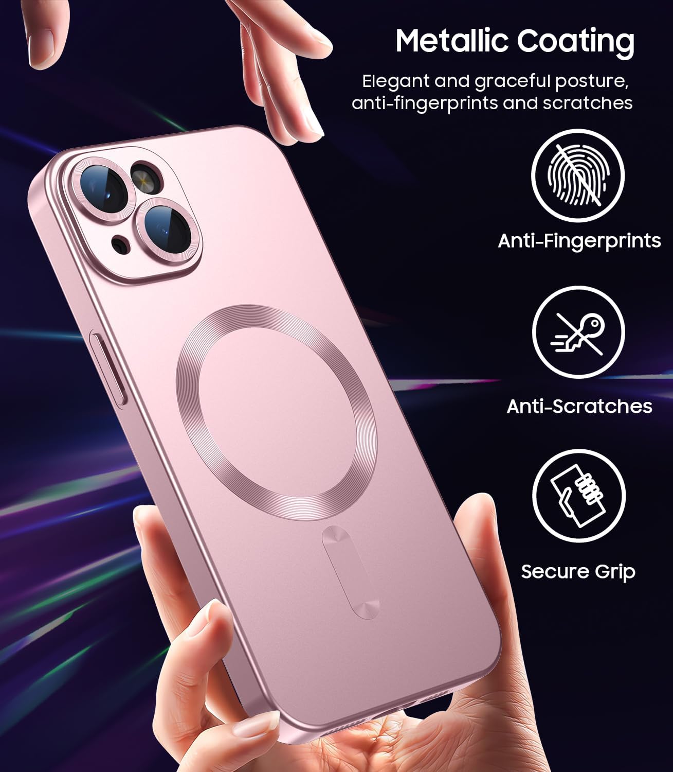 Magnetic for iPhone 15 Case [Compatible with MagSafe][Built-in Camera Lens Protector] Slim Soft Silicone Bumper Shockproof Metallic Shine Phone Case (Rose Gold)