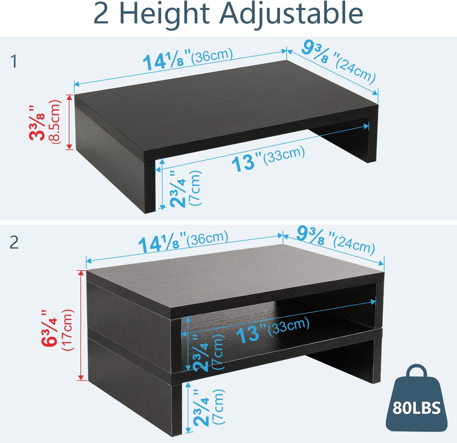 TEAMIX Wood Monitor Stand Riser-2 Pack, 2 Tier Adjustable Monitor Stand Dual Monitor Riser for 2 Monitors/Laptop/PC Black Computer Stand for Desk