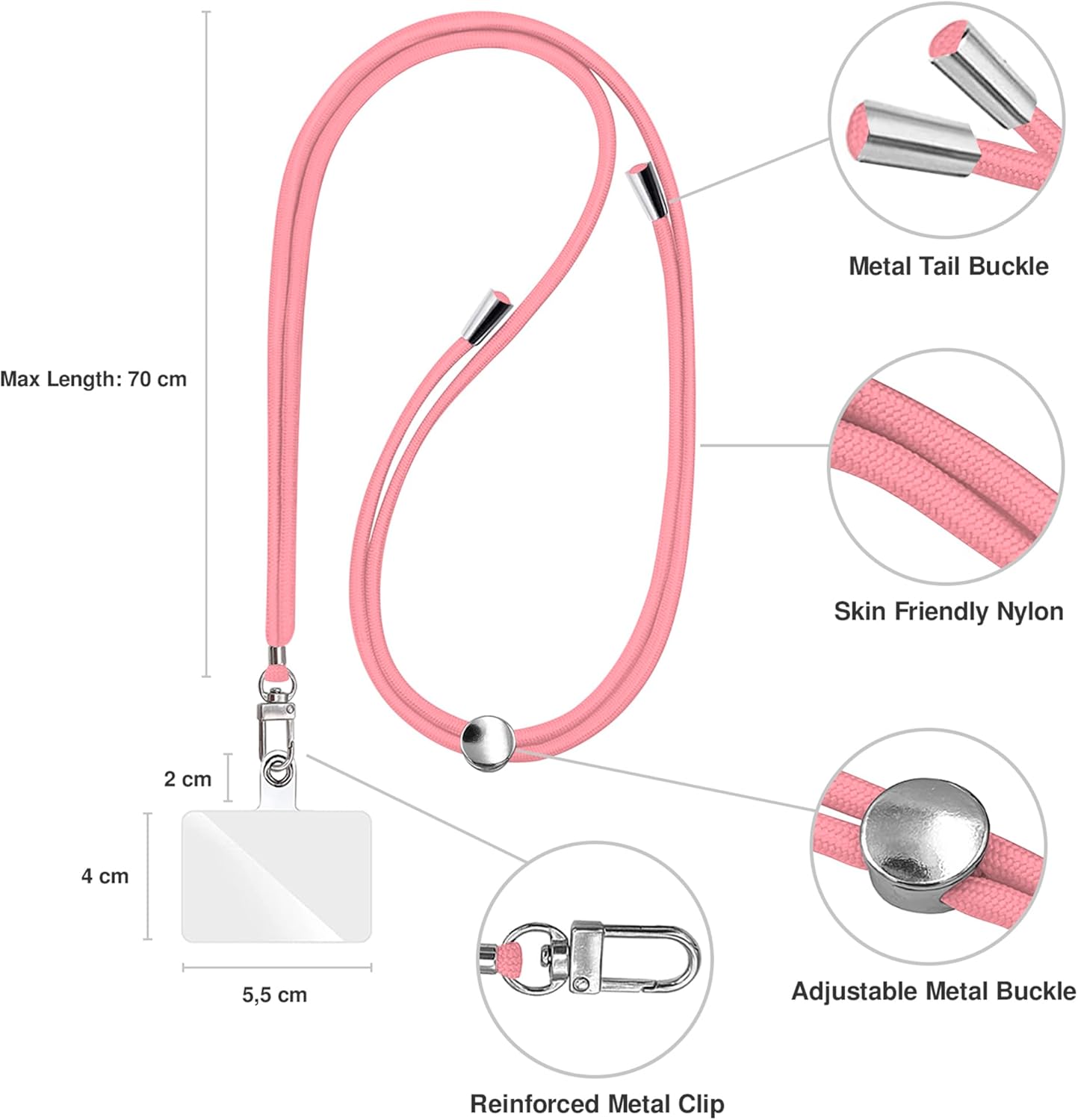 Cell Phone Lanyard [Pink] - Comfortable Universal Smartphone Lanyard - Easy to Use Neck Phone Holder [Clear Patch] - Adjustable Length Phone Strap Crossbody - Fits All Mobile Phones
