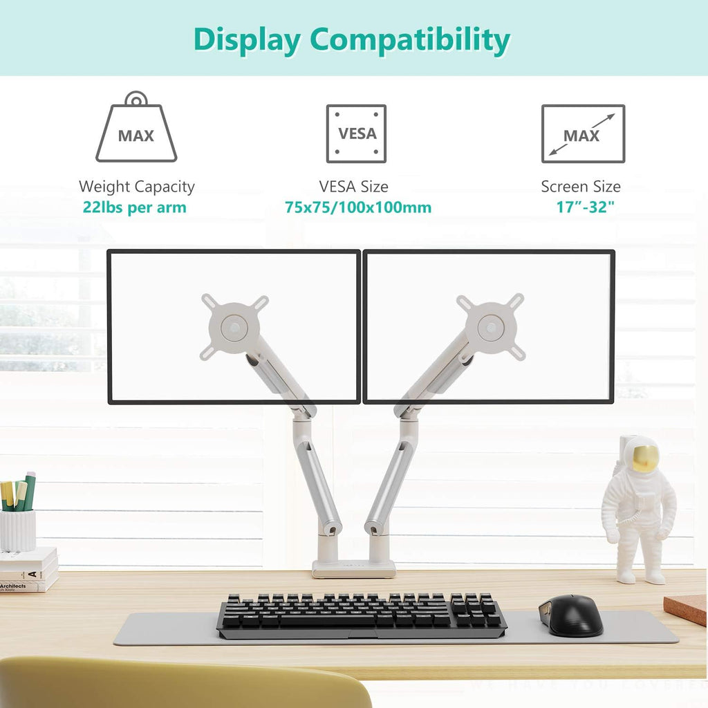 WALI Dual Monitor Stand White Monitor Arms for 2 Monitors, Mechanical Spring Tension Indicator Fully Adjustable Bracket, Up to 32 inch, 22lbs Weight Capacity (MATI002-W), White