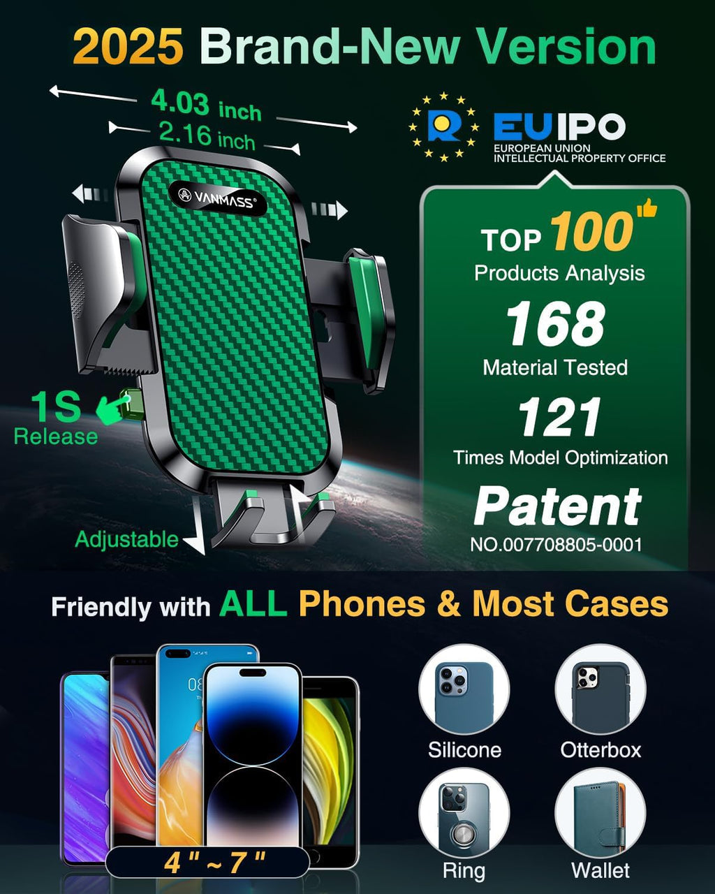 VANMASS Car Phone Holder Mount 2025 Upgraded [Patent Steel-Hook] Car Vent Phone Mount Clip Military-Grade Shockproof Cell Phone Car Mount Handsfree Truck Stand Vent Cradle for iPhone 16 Android,Green