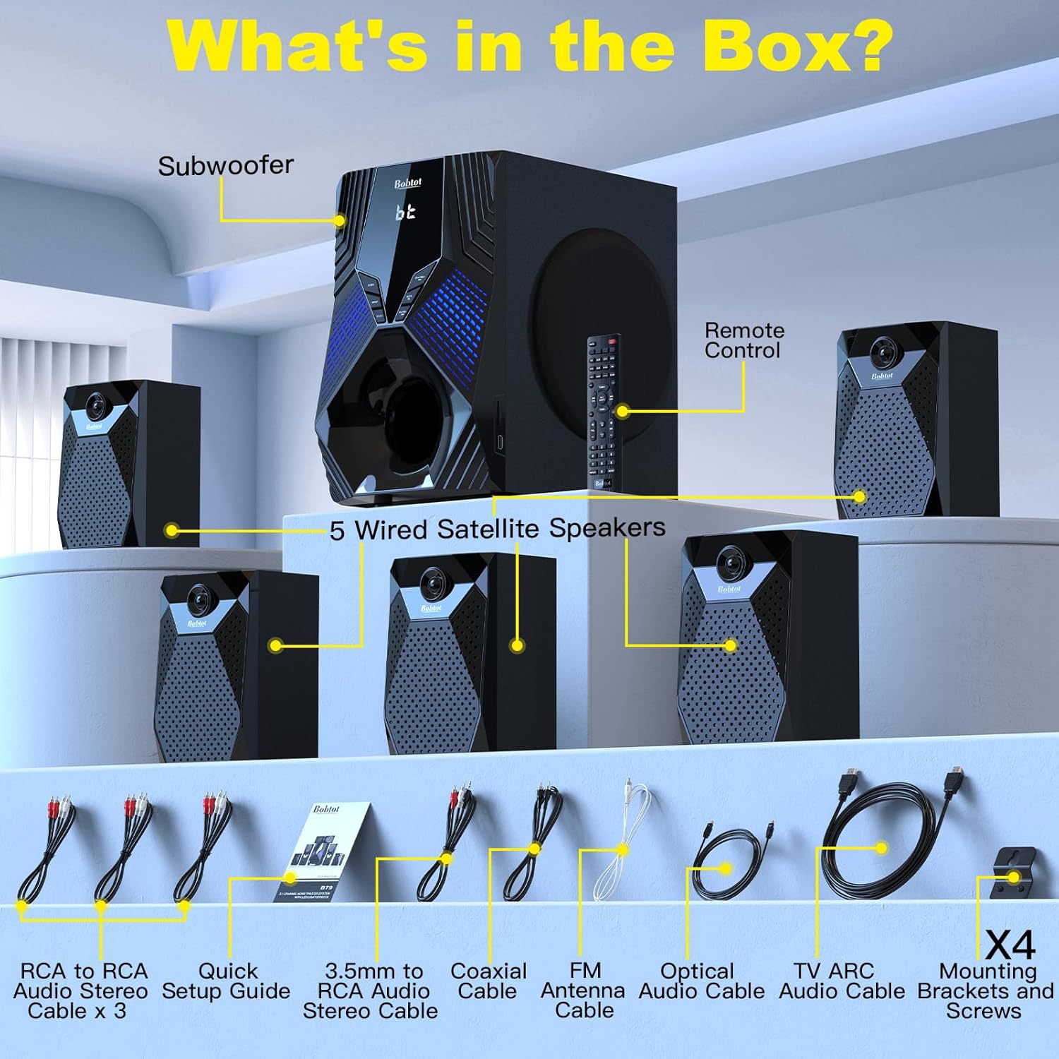1000W Surround System 5 Wired Satellite Audio Speakers 8 inch Subwoofer 5.1/2.1 Channel Home Theater Deep Bass Support HDMI ARC Optical Bluetooth Karaoke Input
