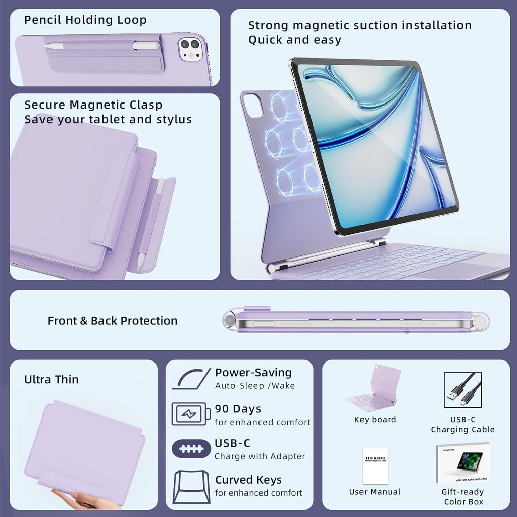 for iPad Air 13 inch Case with Keyboard (M3,2025 / M2,2024), iPad Pro 12.9 (6th/5th/4th/3rd Gen) Magic Keyboard, Springy Backlit Keys, Stain-Resistant Surface, Multi-Touch Trackpad, Purple