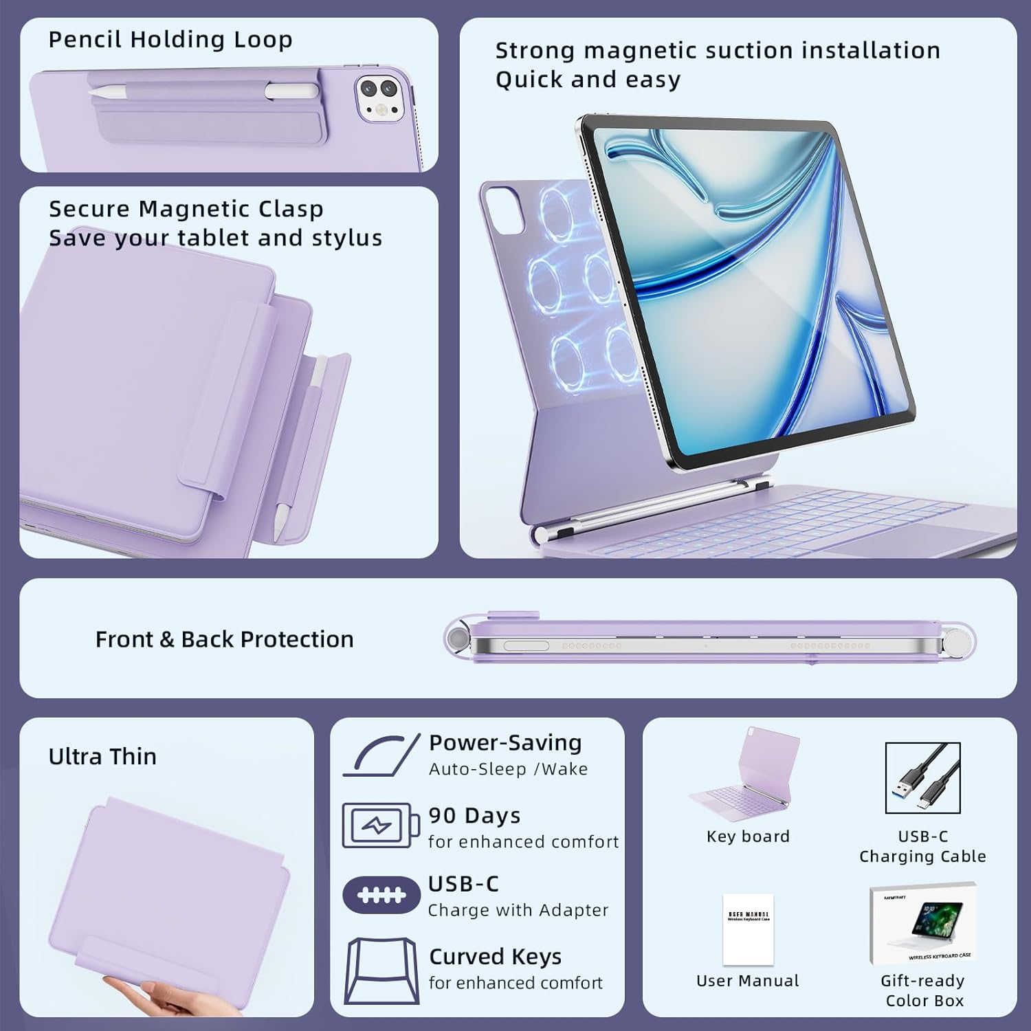 for iPad Air 13 inch Case with Keyboard (M3,2025 / M2,2024), iPad Pro 12.9 (6th/5th/4th/3rd Gen) Magic Keyboard, Springy Backlit Keys, Stain-Resistant Surface, Multi-Touch Trackpad, Purple