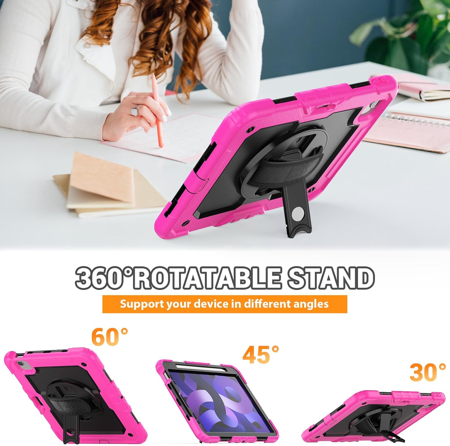 SEYMAC for iPad Air 5th/ 4th Generation Case 10.9 Inch, Full-Body Shockproof Protective Case with Screen Protector, Rotating Stand/Handle/Shoulder Strap for iPad Air 5/ Air 4, Black/Pink