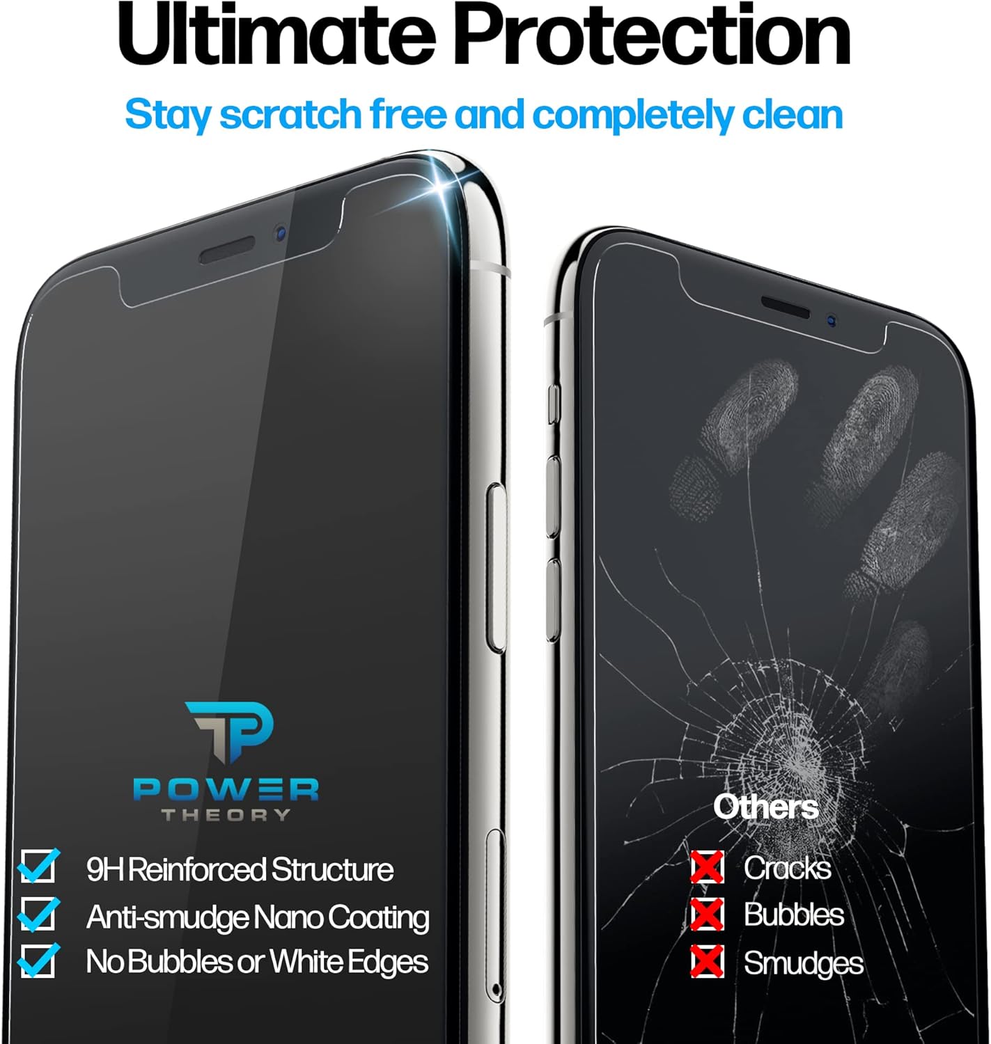 Power Theory Designed for iPhone X, iPhone Xs Screen Protector Tempered Glass [9H Hardness], Easy Install Kit, 99% HD Bubble Free Clear, Case Friendly, Anti-Scratch, 2 Pack