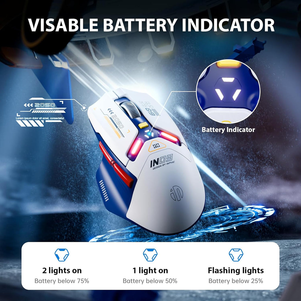 INPHIC IN9 Wireless Gaming Mouse, True Tri-Mode Bluetooth/Type-C Wired/2.4G Wireless Connection, 10000 DPl, Fully Programmable, RGB Backlit, for Laptop PC Mac