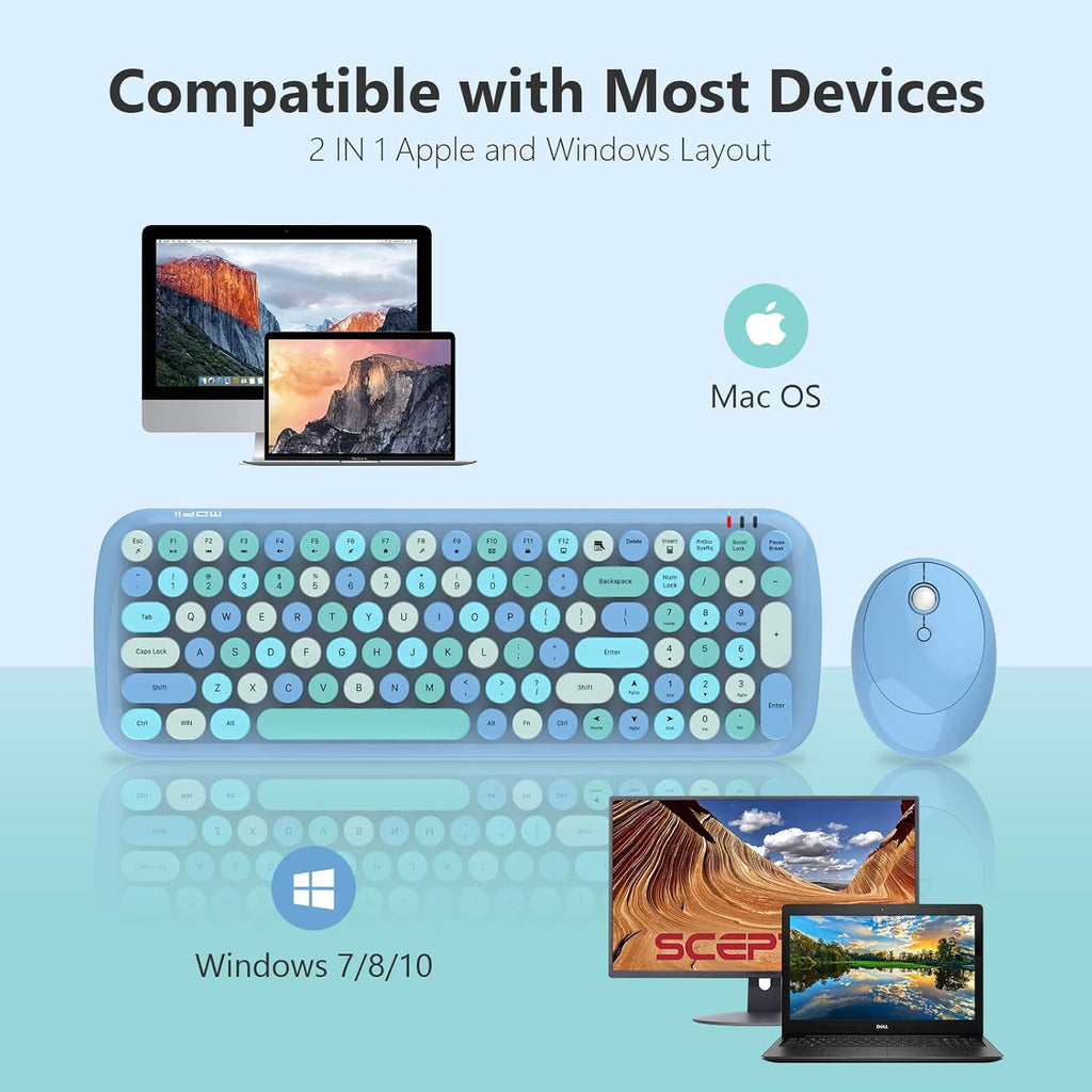 KNOWSQT Wireless Keyboard and Mouse Combo, Light Blue 100 Keys 2.4 GHz Round Keycap Typewriter Keyboards, USB Receiver Plug and Play, for Windows, PC, Laptop, Computer, Desktop