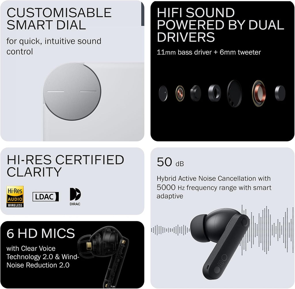 CMF Buds Pro 2 Wireless Earbuds, Hi-Res Audio with LDAC, 50 dB Hybrid Noise Cancelling Earbuds, Ultra Bass Technology, Bluetooth 5.3, 43H Play Time with Charging Case, 6 HD Mics Headphones, Light Grey