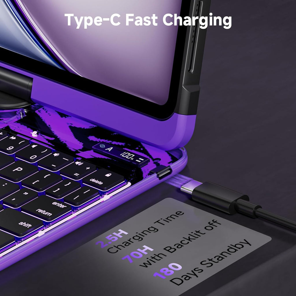 iPad Keyboard Case for 2024 M4 iPad Pro 13 inch, Magic Wireless Keyboard with Trackpad 7 Color Backlit, 360° Rotating Stand Transparent Protective Cover with Pencil Holder (Purple)