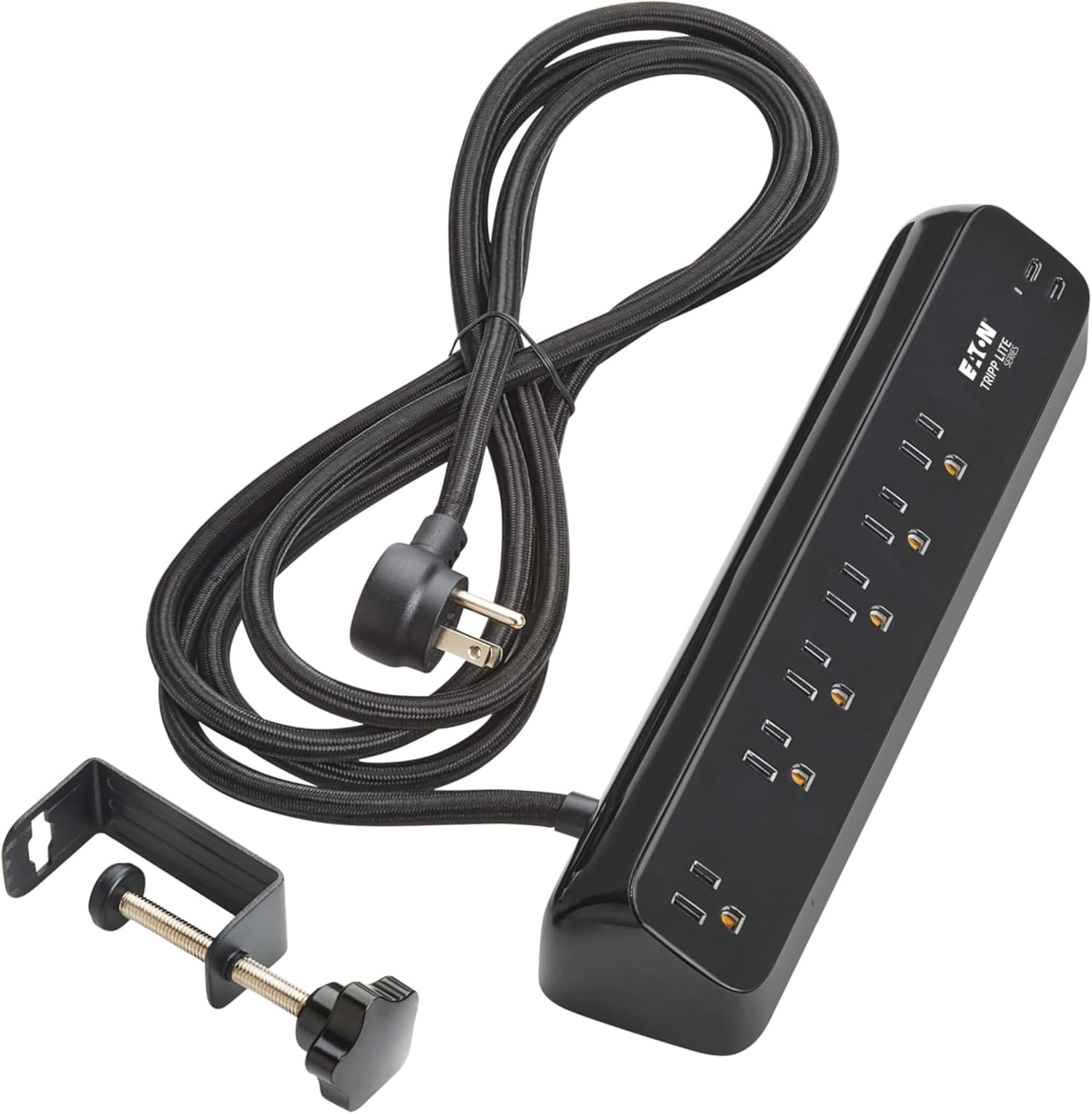Eaton Tripp Lite series Desk Clamp Power Strip Surge Protector, 6-Outlets, 2x 30W USB-C Charging Ports, 900 Joules, 10ft Braided Flat Extension Cord, Lifetime Manufacturer's Warranty (TLP610U30CLAMPB)