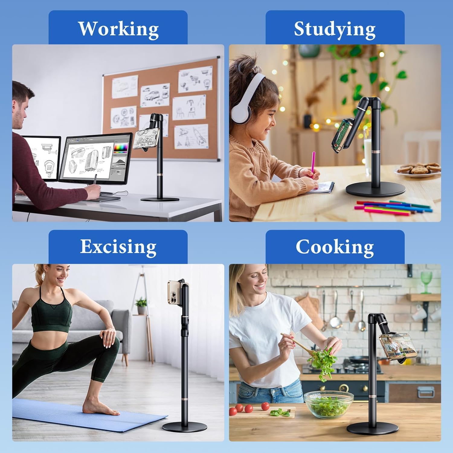 Angle Height Adjustable Phone Holder for Desk [10"-25"] - Retractable Cell Phone Holder for Video Recording Cooking Excising Working Reading -Aluminum Universal iPhone 16 15 14 13 Stand