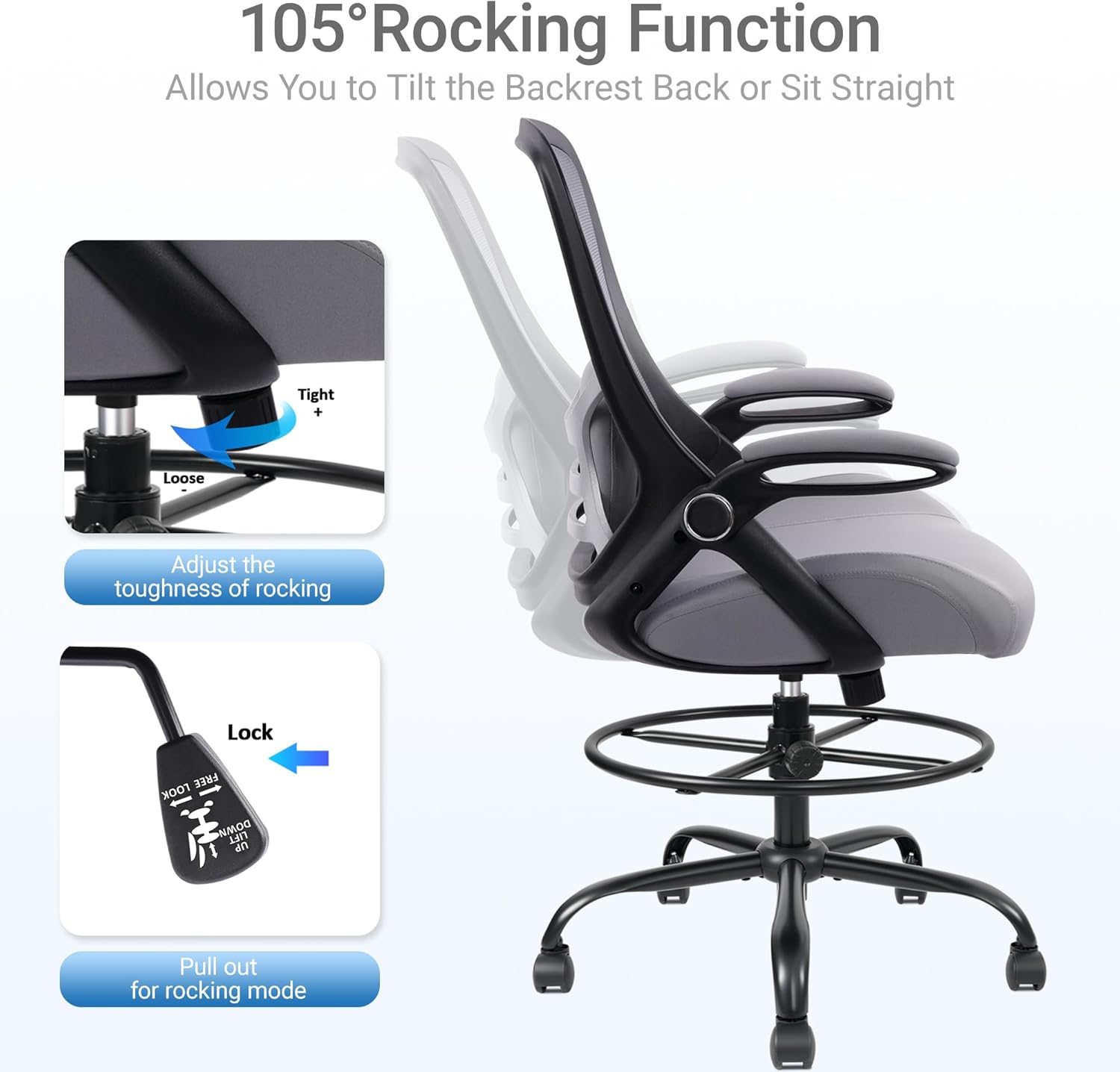 HYLONE 400lbs Heavy Duty Drafting Chair 5" Thickened Seat Office Chair with Flip-Up Armrests Tall Ergonomic Computer Chair with Lumbar Support and Adjustable Footrest Ring Standing Desk Chair(Grey)