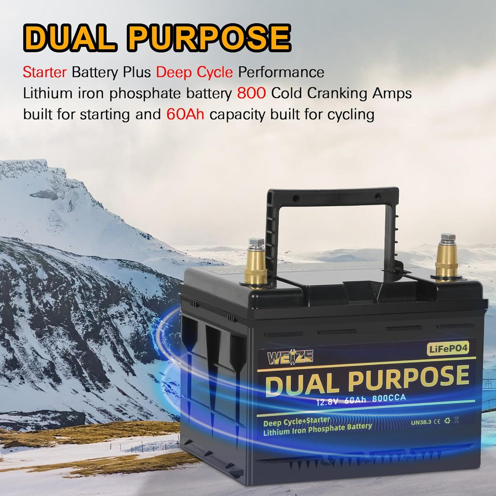 WEIZE 12V 60AH Dual Purpose LiFePO4 Lithium Battery, 800CCA Group 24 Group 34 Starting Battery Plus Deep Cycle Performance, Built-in Smart BMS, Perfect for Automotive, Trolling Motor, Marine, RV