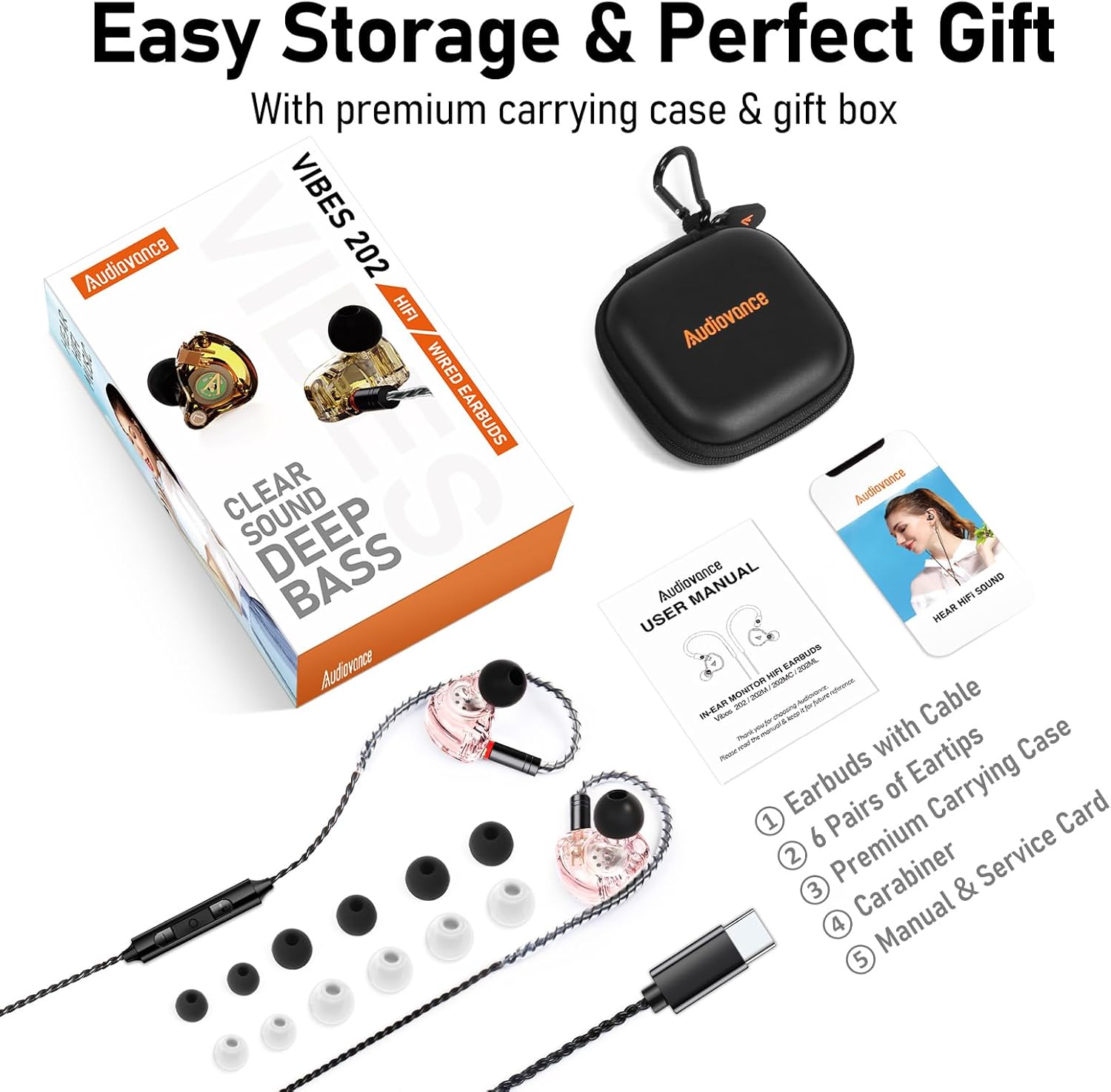 Vibes 202MC USB-C Wired Earbuds - HiFi in Ear Headphones - USBC for iPhone 16/15 - Noise-Isolating Ear Buds w/ Mic - Clear Sound, Deep Bass & Comfort-Fit Earphones - Silver Plated Cord, Carrying Case