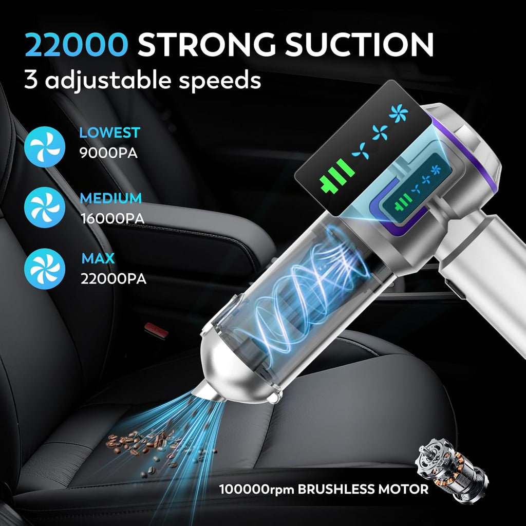 Car Vacuum Cleaner, 22000PA High Power Portable Handheld Car Vacuum & Air Duster, Mini Cordless Vacuum with LED Display, for Home, Office, Camping (Silver Purple)